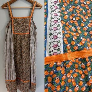 Vintage Gilead Peaches Oranges Cottagecore Tiered Midi Dress Square Neck